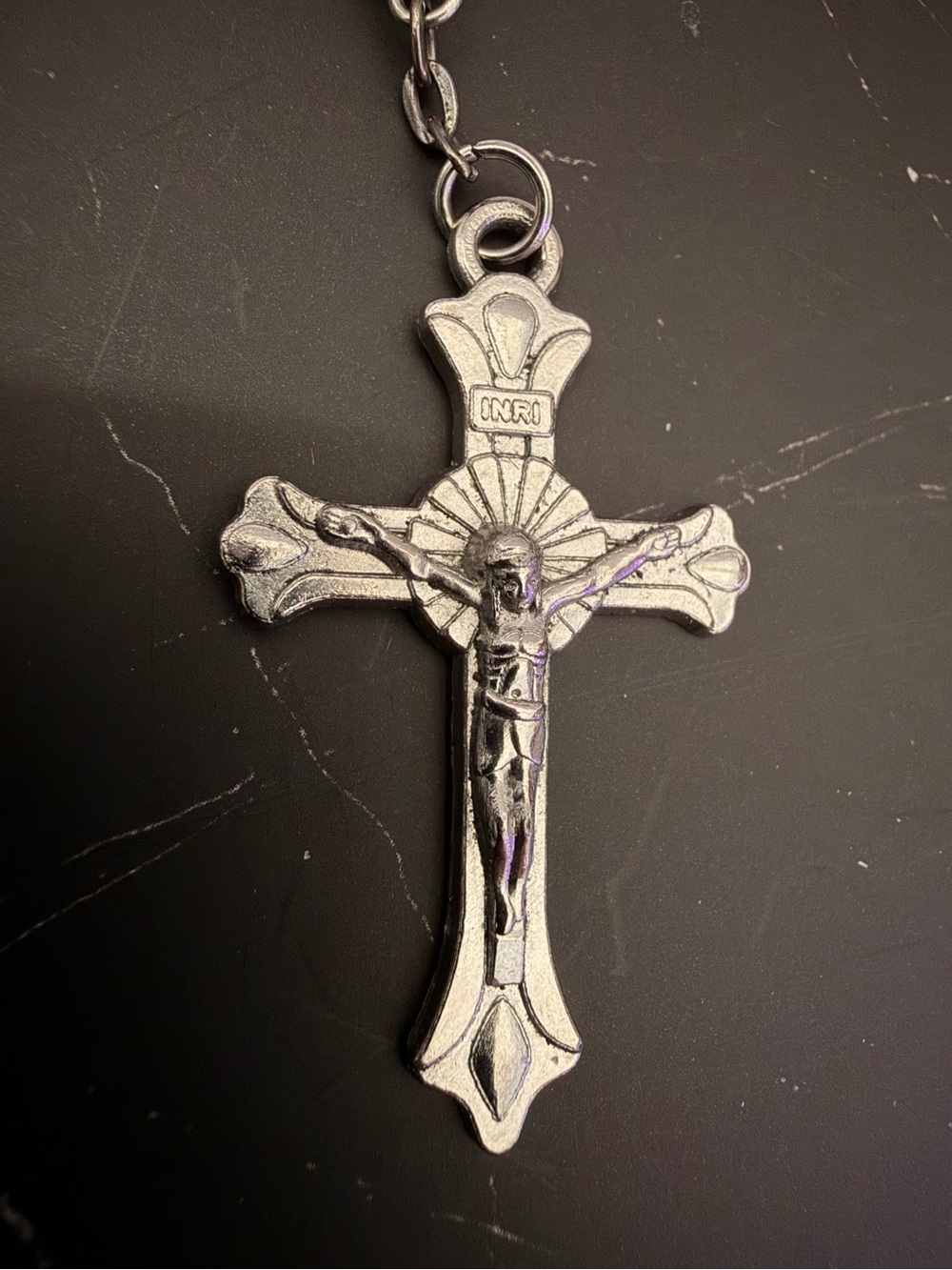Vintage Hematite Bead Catholic Rosary - Sunburst Crucifix & Mary Medal